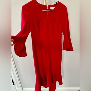 Calvin Klein Elegant Red Bell-Sleeve V-Neck Midi Dress, Size 2